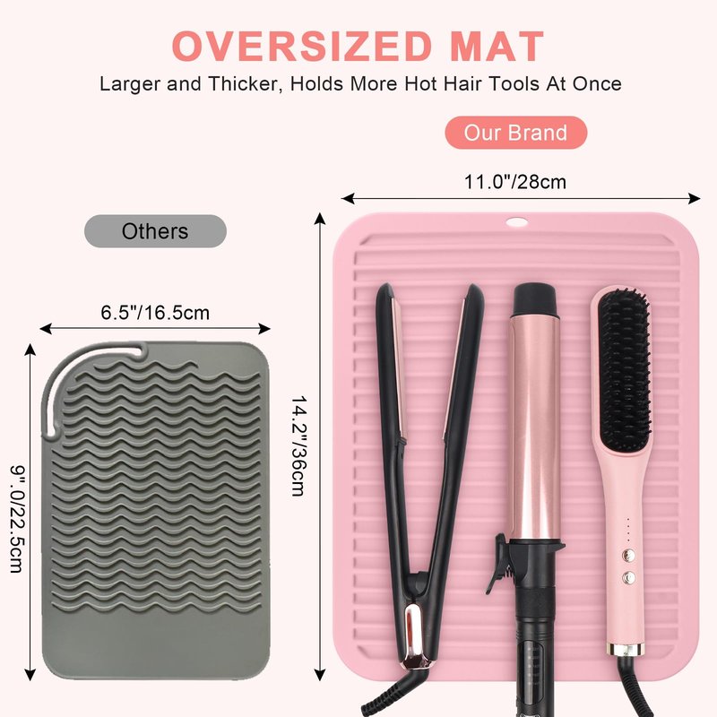 WRORUNER Oversize Silicone Heat Resistant Mat, Professional Hot Hair Tools Mat for Curling Iron, Flat Iron, Hair Straightener, Portable Hot Pad Cover with Velcro for Travel Home Salon(14.2" x 11.0")