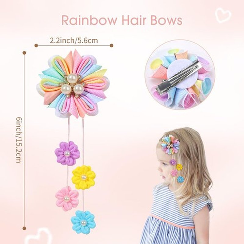 OAOLEER 6PCS Hair Bows for Girls, Flower Hair Accessories for Girls Grosgrain Ribbon With Alligator Clips Girl Hair Accessories for Kids Teen Back to School (Flower Bows-A)