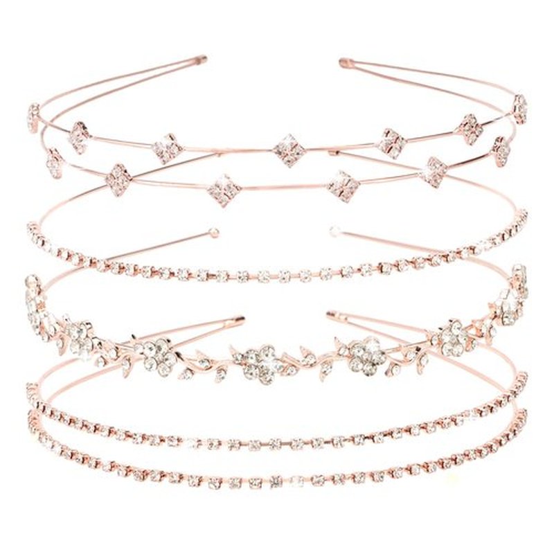 Jaciya Rhinestone Headband Tiara 4 Pieces Rose Gold Bridal Headbands for Women's Hair Wedding Hair Accessories Adjustable Hairbands