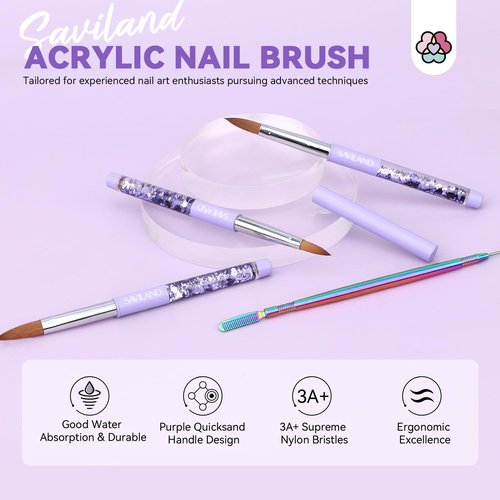 SAVILAND Kolinsky Acrylic Nail Brush Set: Sizes 6,10,14 - Professional Tool for Acrylic Powder Application & 3D Nail Art
