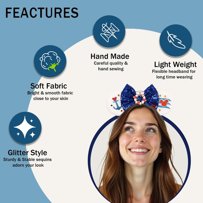zhezesmila Cruise Ears Headband 2 Set Sequin Mouse Ears for Women Hair Accessories for Cruise Trip Costume Party Decoration