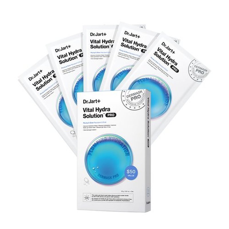 Dr.Jart+ Dermask Vital Hydra Solution Glow Korean Face Mask with Hyaluronic Acid for Glass Skin | Sheet Mask | Korean Skin Care, 5 Pack