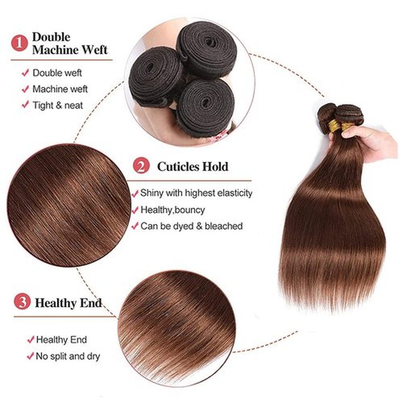 Color 4 Straight Bundles Human Hair Chocolate Brown Bundle Niegmeag Brazilian Virgin Remy Hair 3 Bundles 12 14 16 Inch Double Weft Brown Straight Bundle Hair Weave 150g
