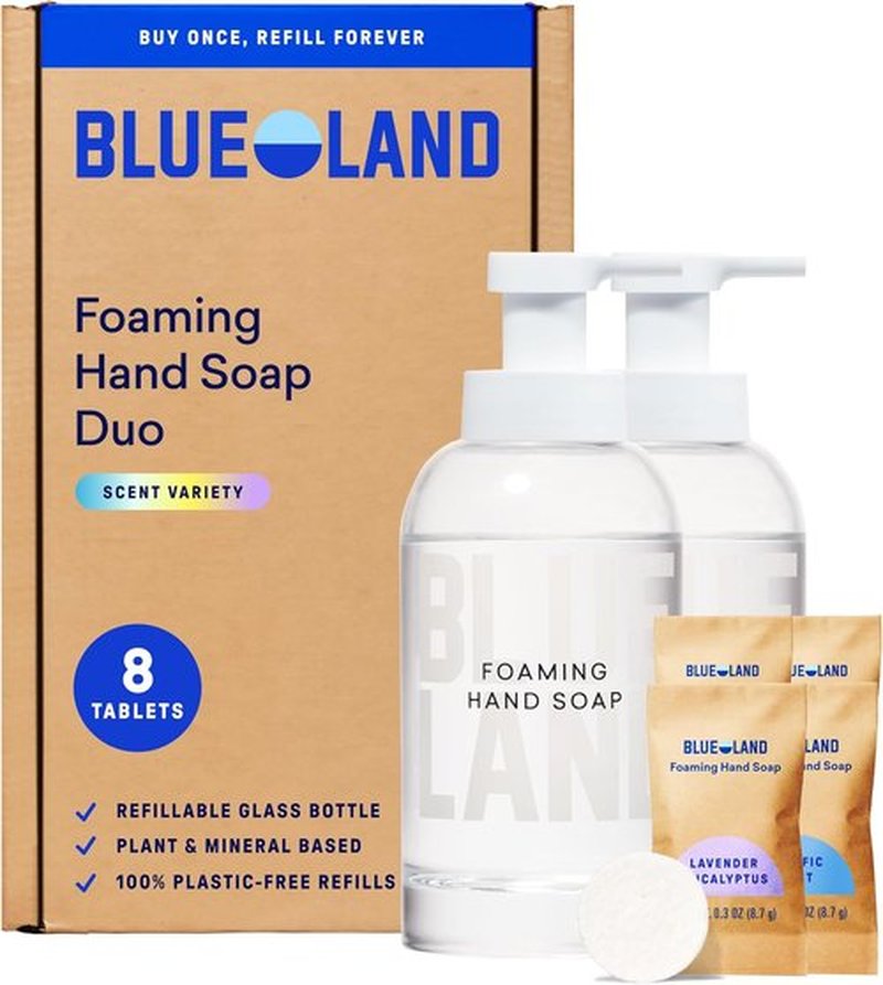 BLUELAND Hand Soap Duo - 2 Refillable Glass Dispensers with 8 Scented Refill Tablets | 8 x 9 Fl Oz