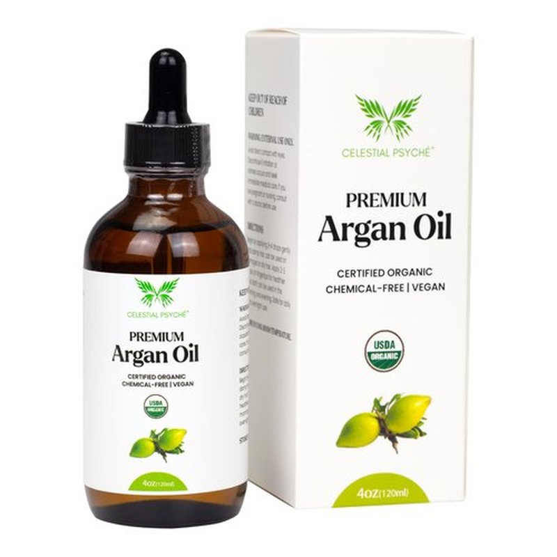 Celestial Psyché USDA Certified Organic Argan Oil (4 Oz) 100% Pure Natural, Chemical-Free, Vegan, Hexane-Free, Healthy Hair Growth, Scalp Care, Skin Hydration, Natural Beauty Enhancement