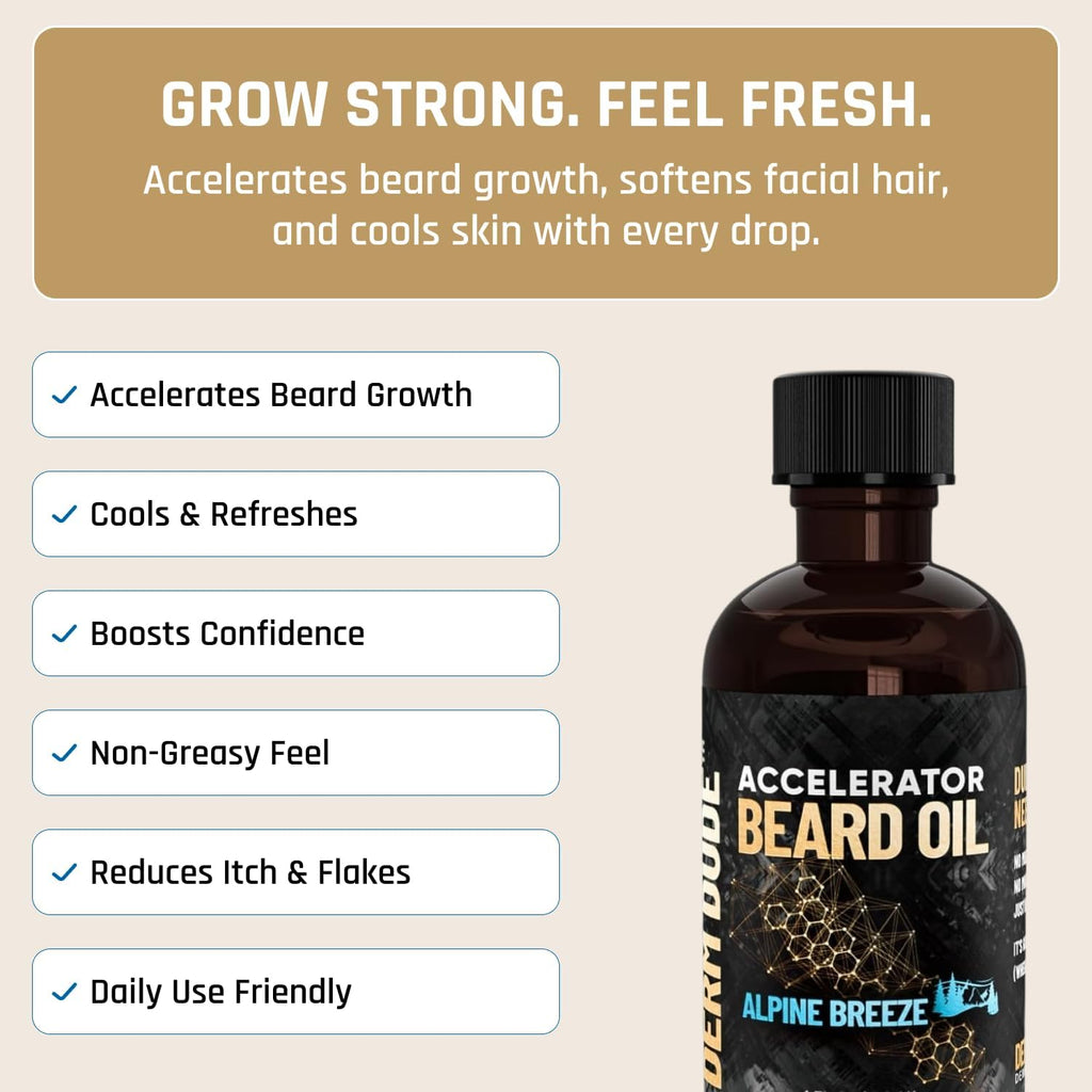 Derm Dude Accelerator Beard Growth Oil for Men | With Castor Oil & Jojoba Oil for Hair Growth | Promotes Thicker Fuller Beard | Hydrate & Soften Facial Hair, Non-Greasy - Alpine Breeze 1oz