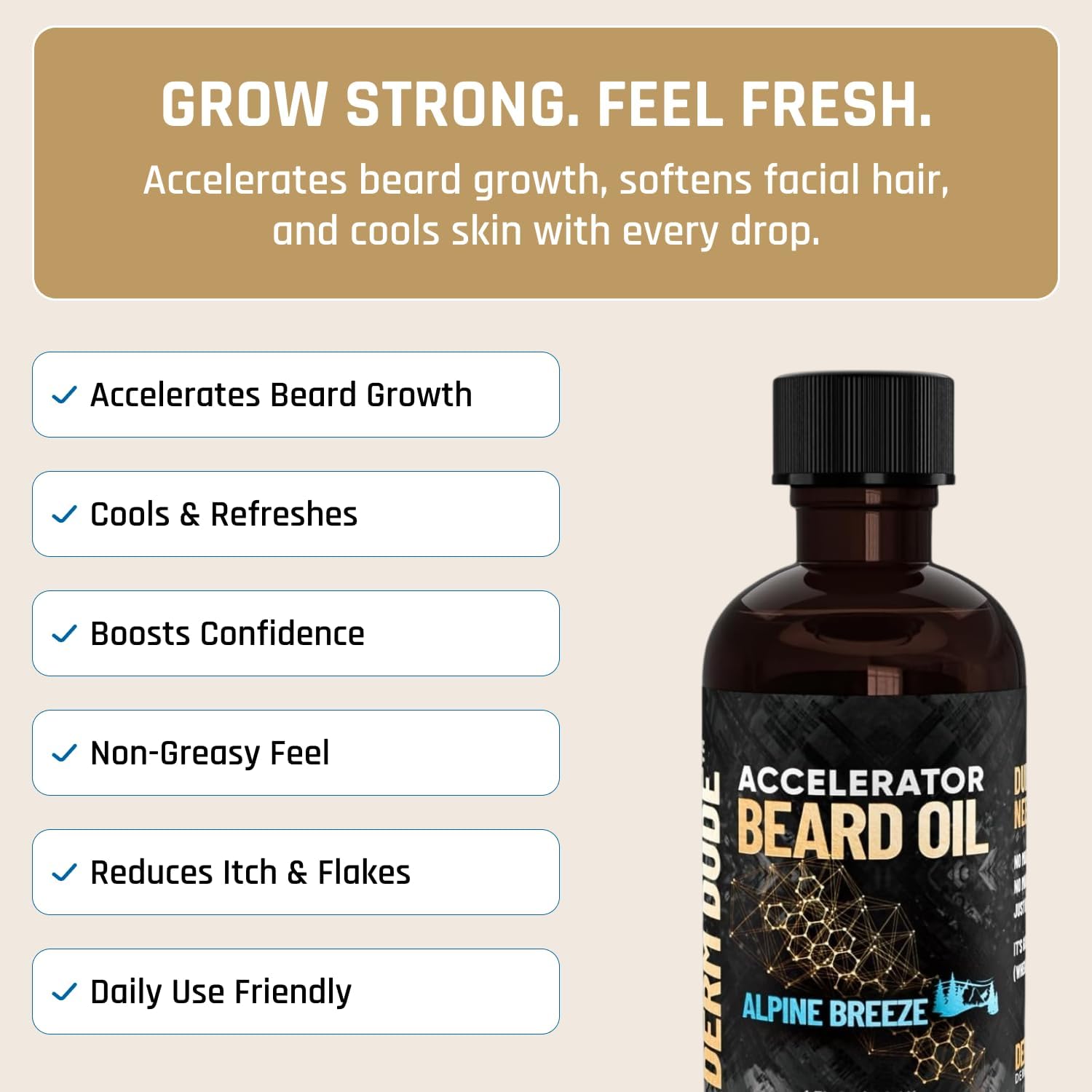 Derm Dude Accelerator Beard Growth Oil for Men | With Castor Oil & Jojoba Oil for Hair Growth | Promotes Thicker Fuller Beard | Hydrate & Soften Facial Hair, Non-Greasy - Alpine Breeze 1oz