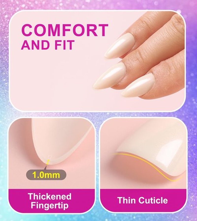 Morily Short Fake Press on Nails Almond with Glitter Designs, Milky White Acrylic Thick Stick on False Nail Reusable Glossy Full Cover Manicure for Women, 32 Pcs