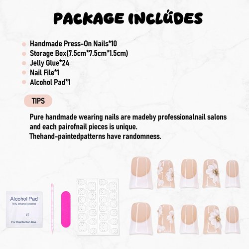 Duck Press on Nails Short Handmade 3D Unique Flower Fake Nails White French Tip False Nails with Designs Thick and Muti-Layer Gel Acrylic Nails Glossy Glue on Nail for Women (Size S)