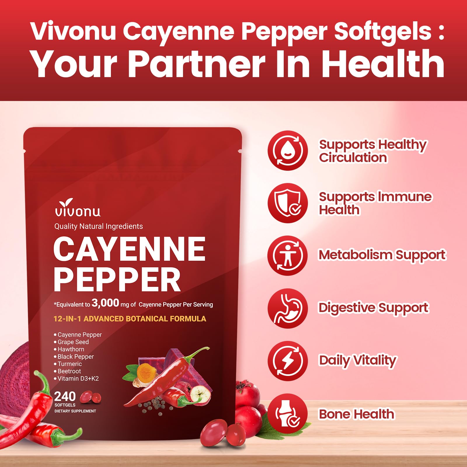 Cayenne Pepper Softgels Supplement, Supports Leg Vein, Heart and Blood Vessel Health, with Vitamin E D3+K2 and Extracts of Grape Seed, Hawthorn, Beetroot, Berberine and Others (Softgels / 1 Bag)