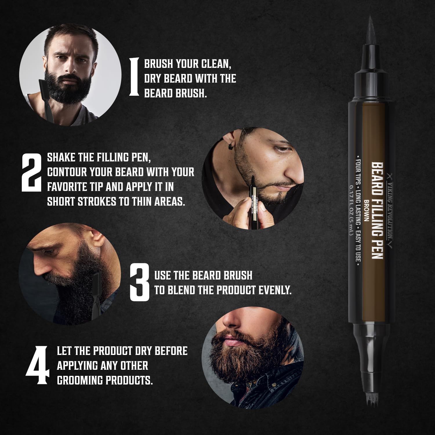 Viking Revolution Beard Pen (2 Pack) - Brown Beard Pencil Filler for Men Lapiz para Barba de Hombre - Beard Filler for Men Waterproof Beard Filling Pen Kit - Long Lasting Beard Filler Pen with Brush