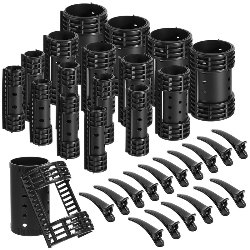 WILLBOND 65 Pieces Magnetic Hair Rollers Set Plastic Rollers Curlers with Clips 4 Sizes for Long Medium Short Hair, Duck Clips Hairnet Hairdressing Styling Tool(Black)
