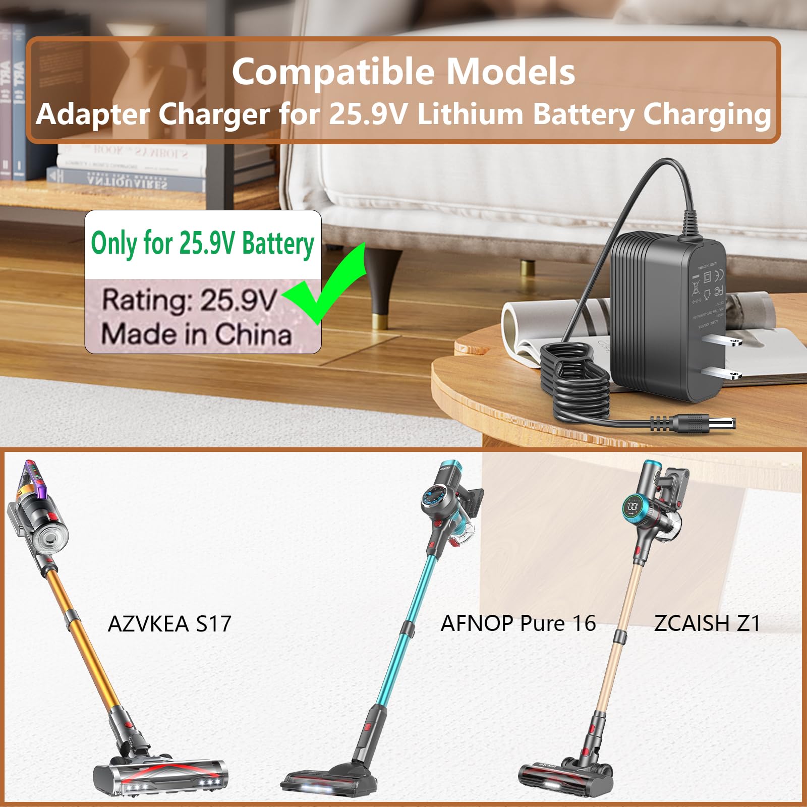 31V 0.5A Charger for 25.9V Vacuum Cleaner Compatible with AZVKEA S17, ZCAISH Z1, AFNOP Pure 16 25.9V Cordless Stick Vacuum Cleaner Charger Adapter