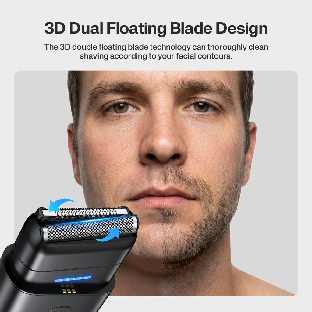 Electric Razor for Men, Protable Foil Shaver with Double Floating Blade & UV Lamp, IPX7 Electric Shavers for Men, Cordless Razor with Auto Travel Lock, USB-C Rechargeable Trimmer with Wet & Dry