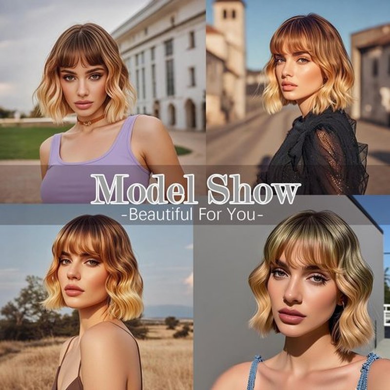 Twobla Rooted Mocha to Caramel Brown Latte Ombré Bob Wig With Bangs For Women | 16 Inch Bob Wavy Wig With Curtain Bangs | Heat Resistant, Wear & Go, No Glue Needed | Cosplay Use