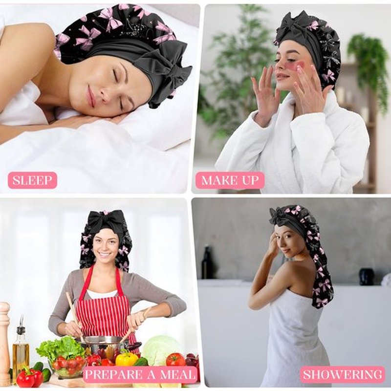 Cabreche Long Satin Hair Braid Bonnet for Sleeping Double Layer Soft Silk Lined Tie Band Wide Elastic Silky Nightcap for Women Girls Cute-Black Pink Bowknot