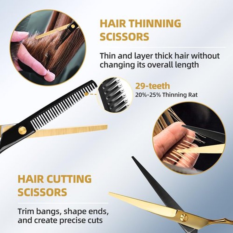 Ethyxe Hair Cutting Scissors Kit - 9 PCS Professional Haircut Scissors Set with Stainless Steel Straight and Thinning Shears for Home, Salon, and Barber Use (Black & Gold)