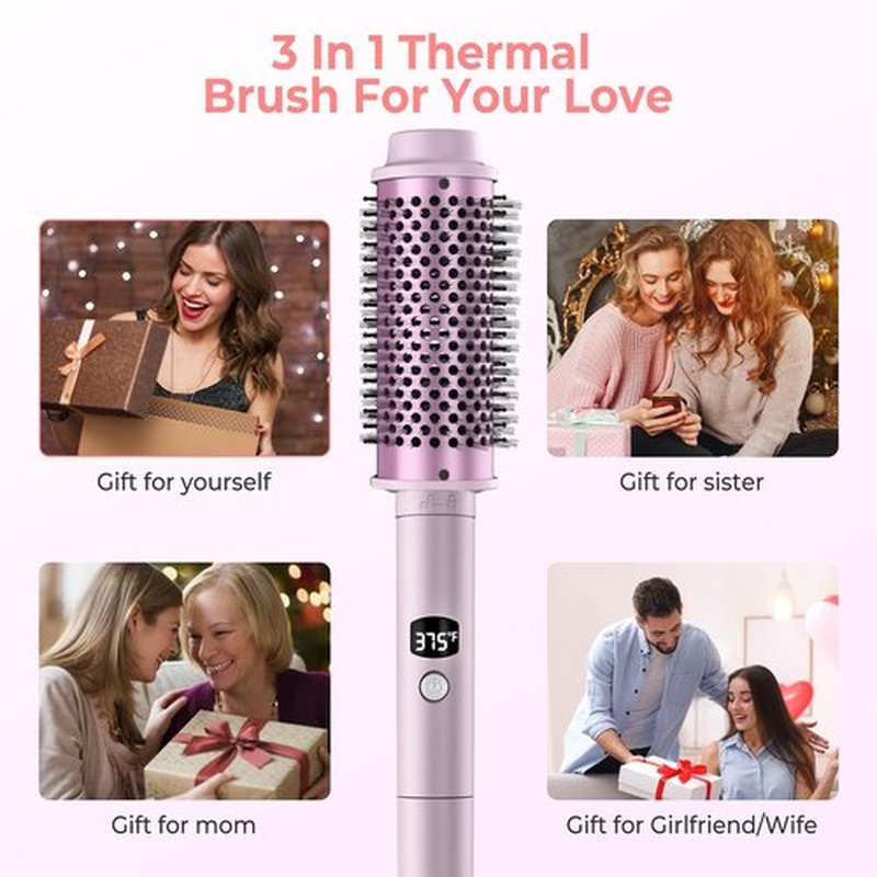 Thermal Brush,5 Temps LCD Display Ceramic Tourmaline Heated Styling Brush Set - 3-in-1 Detachable Barrels (1.25/1.5/1.75 Inch),Heater for Versatile Hair Styling Curling Tongs（Purple）
