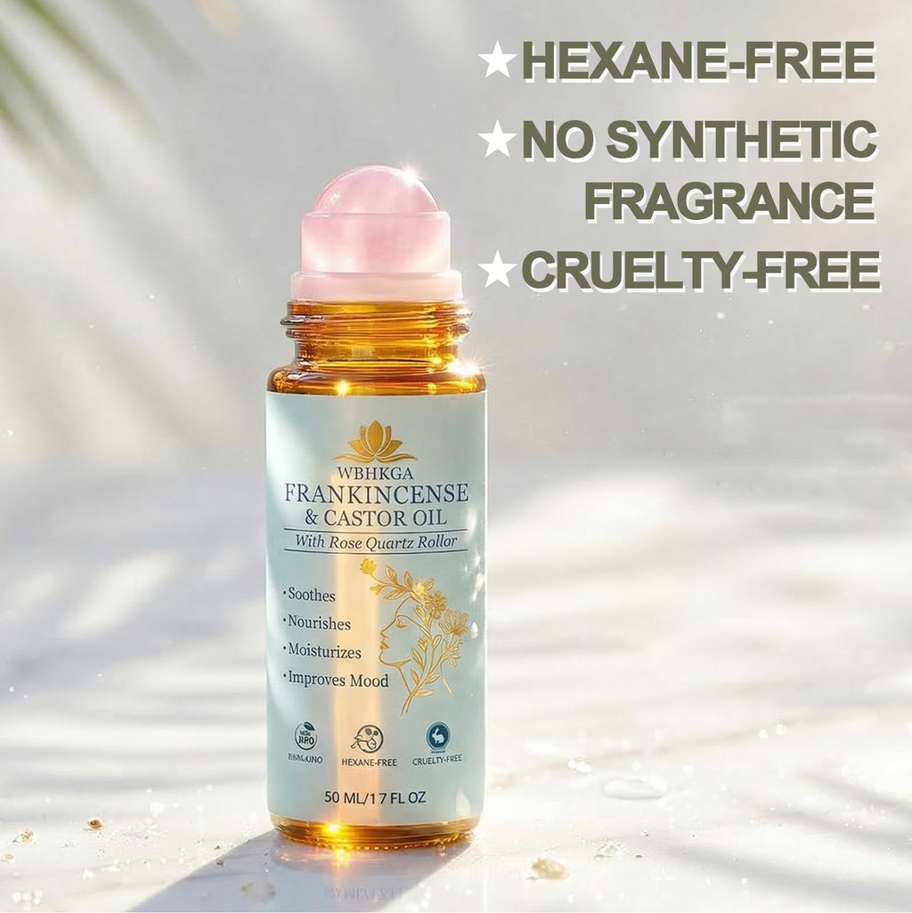 WBHKGA Castor Oil & Frankincense Roll On - Real Red Rose Quartz Eye Roller (Not Plastic) - Pure Cold Pressed Face Serum for Dark Circles, Fine Lines, Wrinkles & Puffiness (50ml (2 Pack - Value Set))