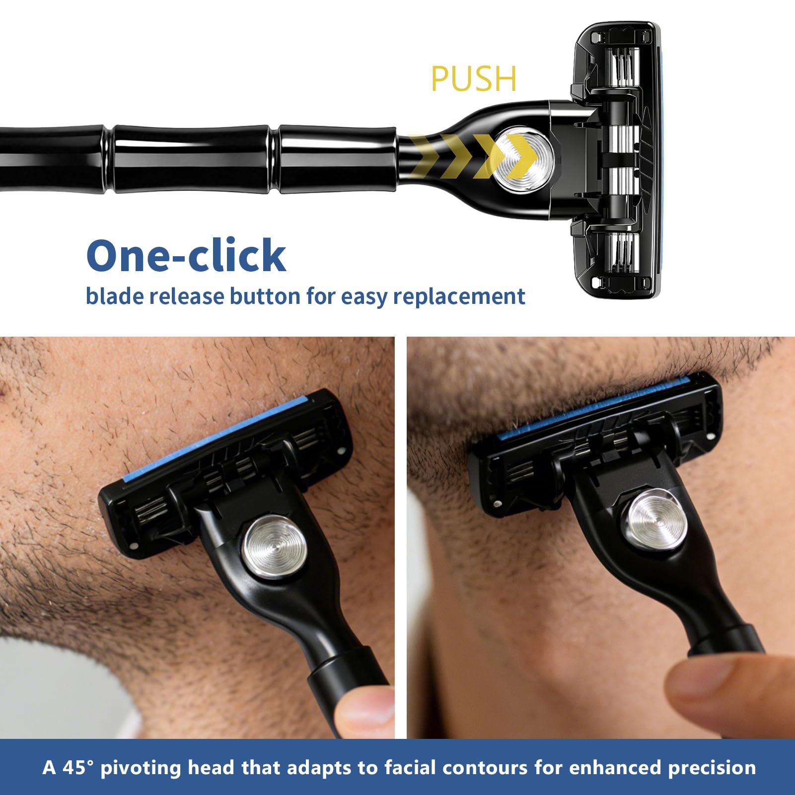FYNEDGE 3-Blade Men Razor with Lubricating Strip & Pivoting Head - Safety Razor Blades Kit Includes 1 Handle, 4 Razor Blade Refills, Wall Hook & Cleaning Brush