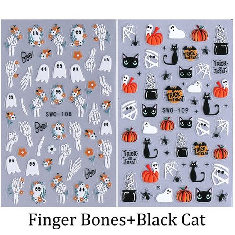 4 Sheets Halloween Nail Art Stickers 5D Embossed Cute Ghost Nail Stickers Black Cat Pumpkin Design Flower Finger Skeleton Nail Decals Nail Art Supplies for Women Acrylic DIY Nail Decorations