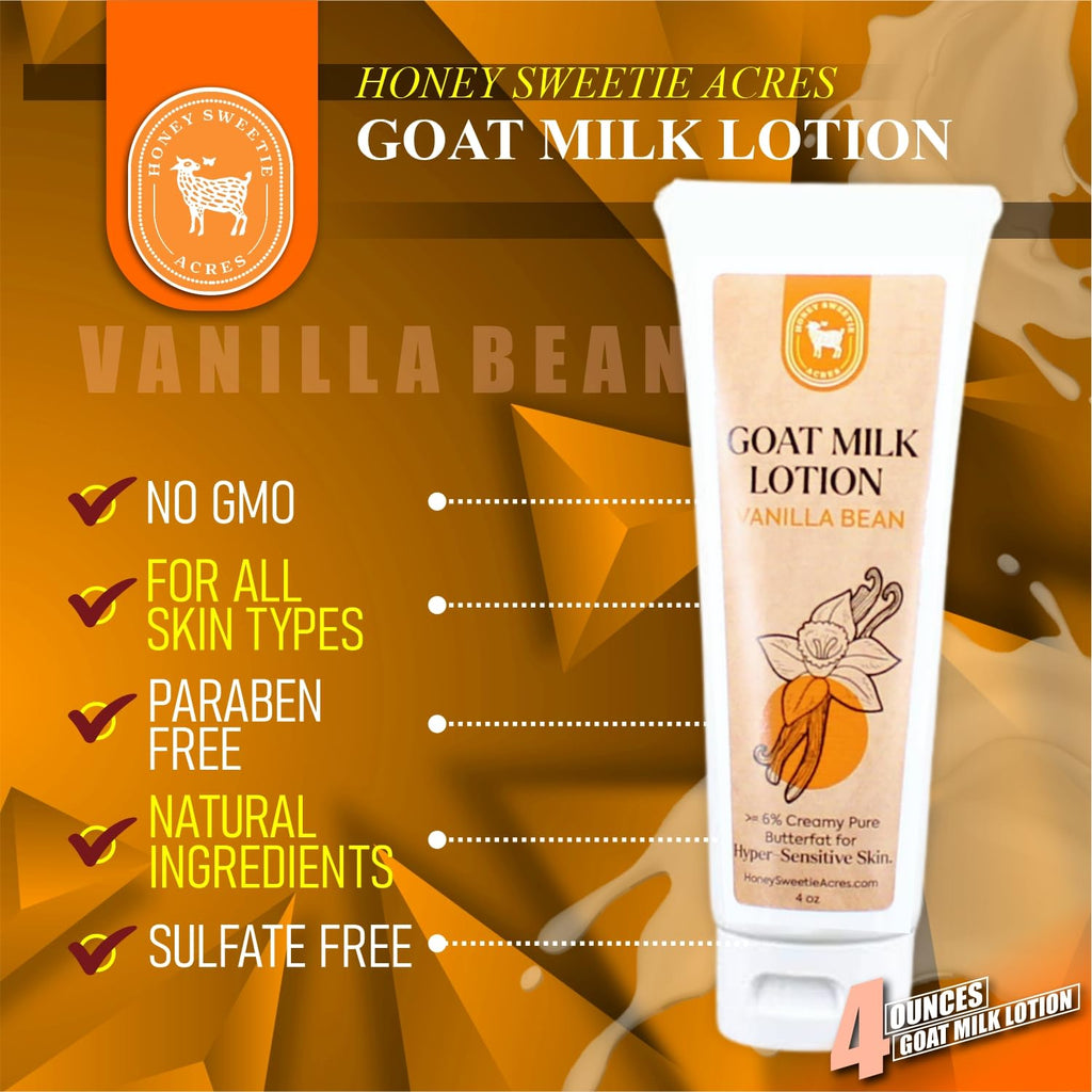 Honey Sweetie Acres Fresh Off The Goat All-Natural Goat Milk 4 oz Vanilla Bean Body Lotion is a cruelty-free, handmade lotion that hydrates and moisturizes - Made in the USA