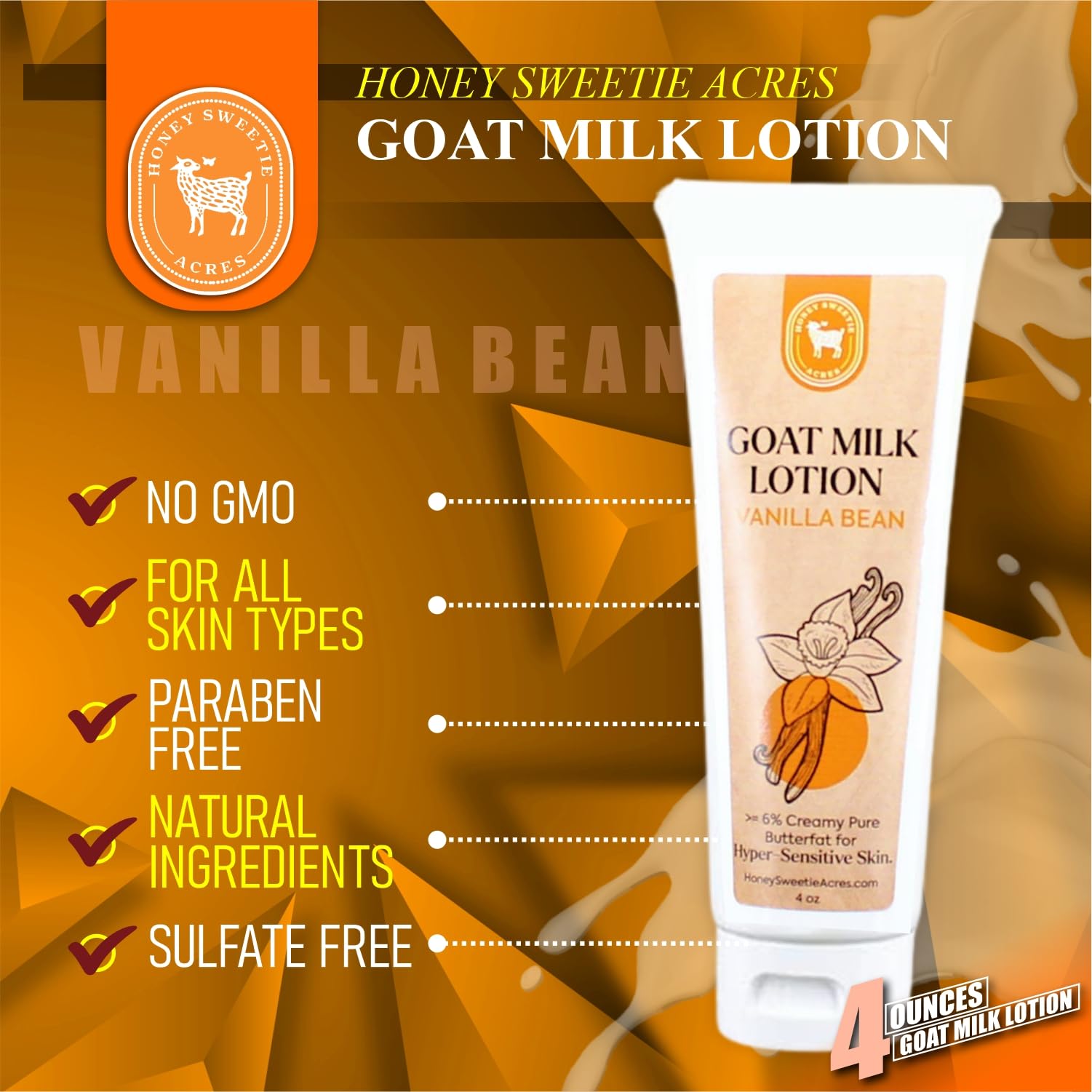 Honey Sweetie Acres Fresh Off The Goat All-Natural Goat Milk 4 oz Vanilla Bean Body Lotion is a cruelty-free, handmade lotion that hydrates and moisturizes - Made in the USA