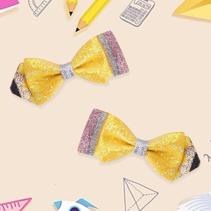 Back To School Hair Bows, Glitter Pencil Hair Clips, Non Slip Alligator Clips Sparkly First Day of School Bows Hair Accessories for Girls, Yellow