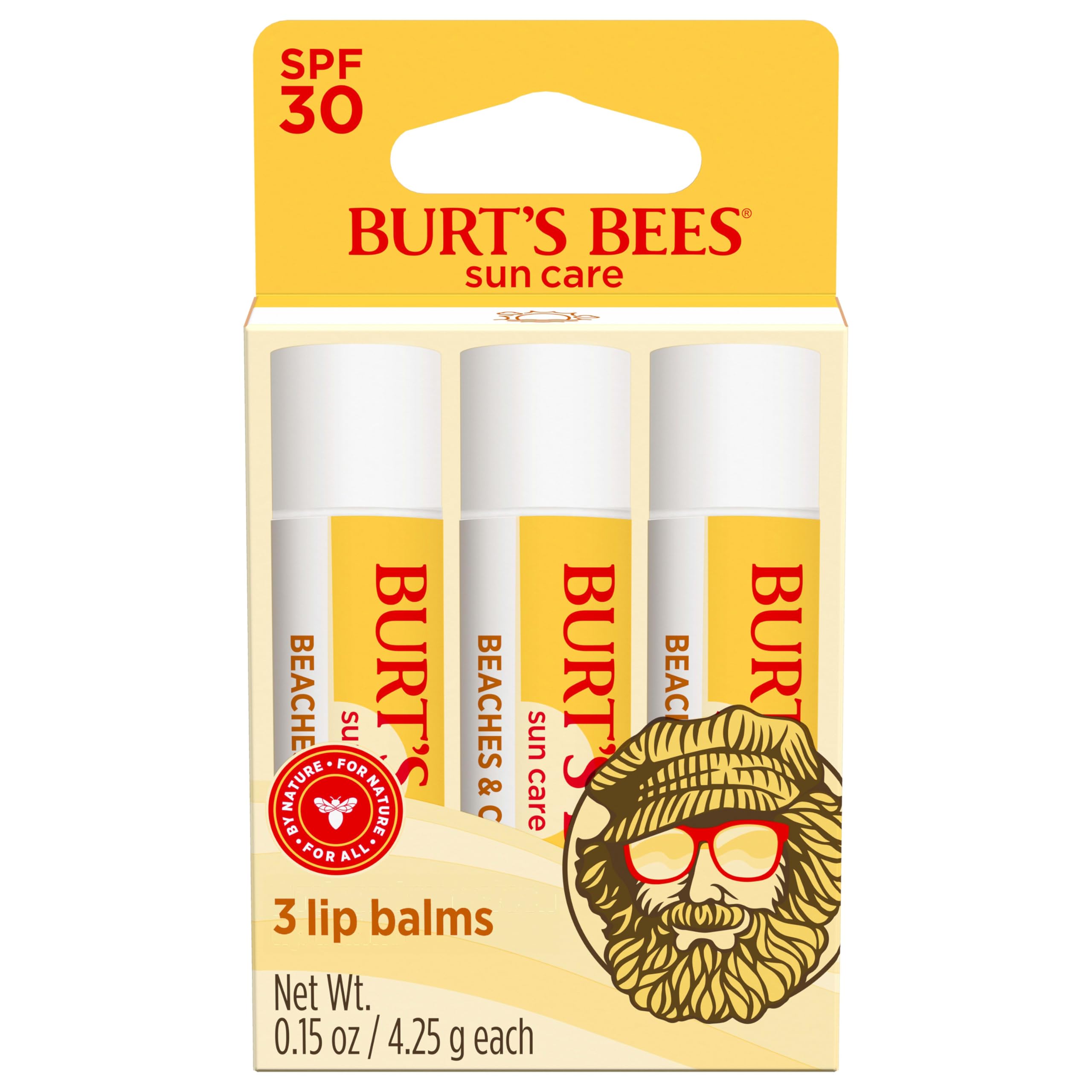 Burts Bees SPF 30 Lip Balm, Beaches and Cream, Water-Resistant Sun Care, Nano-Free Zinc Oxide Formula, Natural Origin Conditioning Lip Treatment, 0.15 oz., Three Tubes