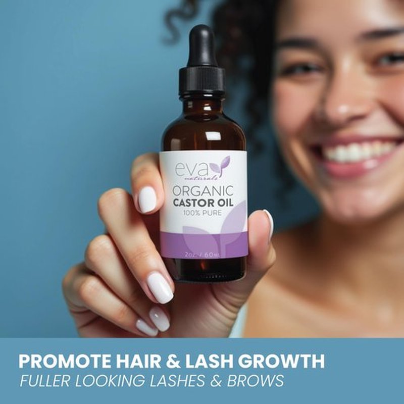 Eva Naturals 100% Pure Castor Oil – Cold Pressed for Eyelash, Eyebrow, Hair & Lash Growth, Thicker Brow & Face Serum Drops for Wrinkles, Hydrating & Nourishing Oil for Skin, Lashes & Brows, 2oz