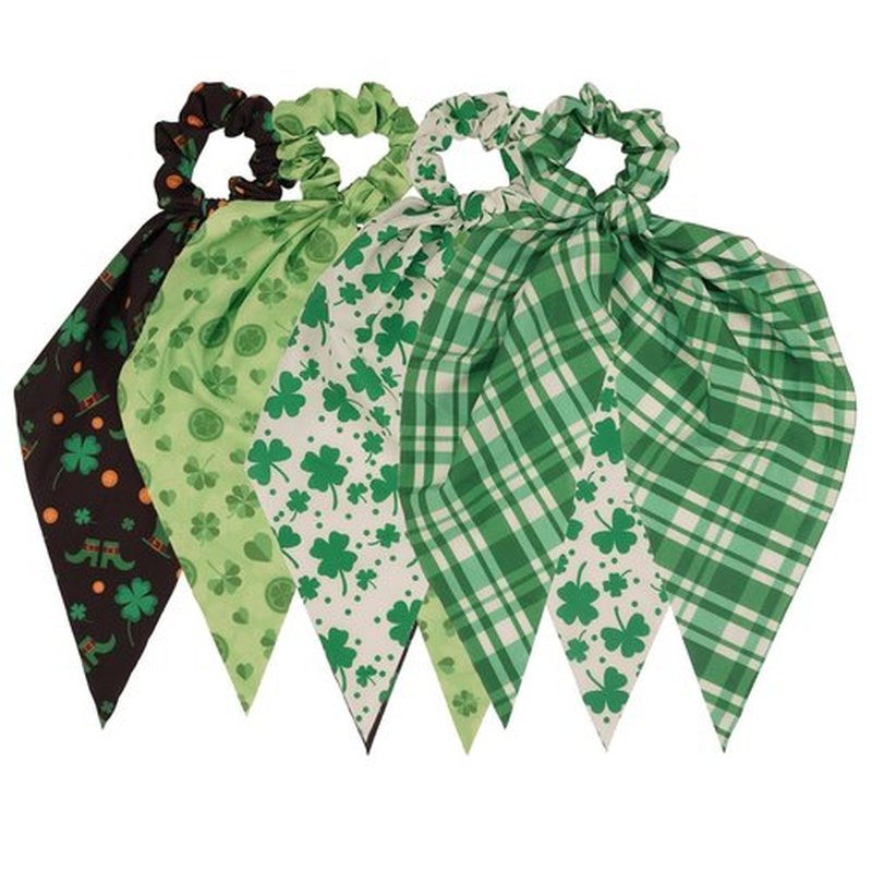 4-Piece St. Patrick's Day Hair Scrunchies Set, Shamrock Clover Bow Scrunchies with Long Tail, Chiffon and Silk Hair Accessories Hair Ties for Irish Theme Celebrations