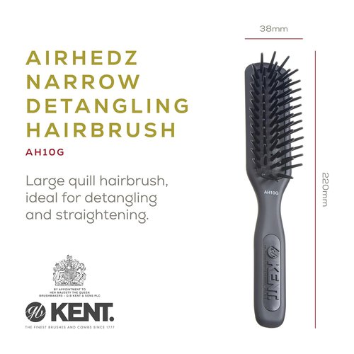Kent AH10G Airhedz Pro Narrow Pin Hair Brush - Detangle Thick & Curly Hair | Scalp Massager in Grey