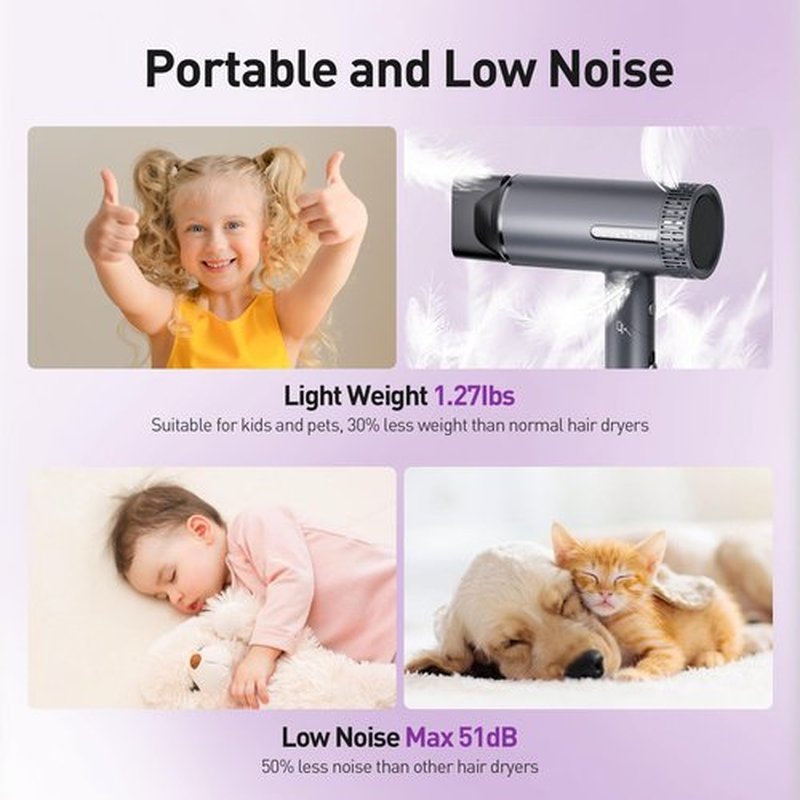 Hair Dryer, High-Speed Ionic Blow Dryer, Powerful 1600 Watt Motor for Fast Drying and Straight & Wavy Hair, Foldable, Lightweight Hairdryer with Magnetic Suction Nozzle for Home Salon Travel