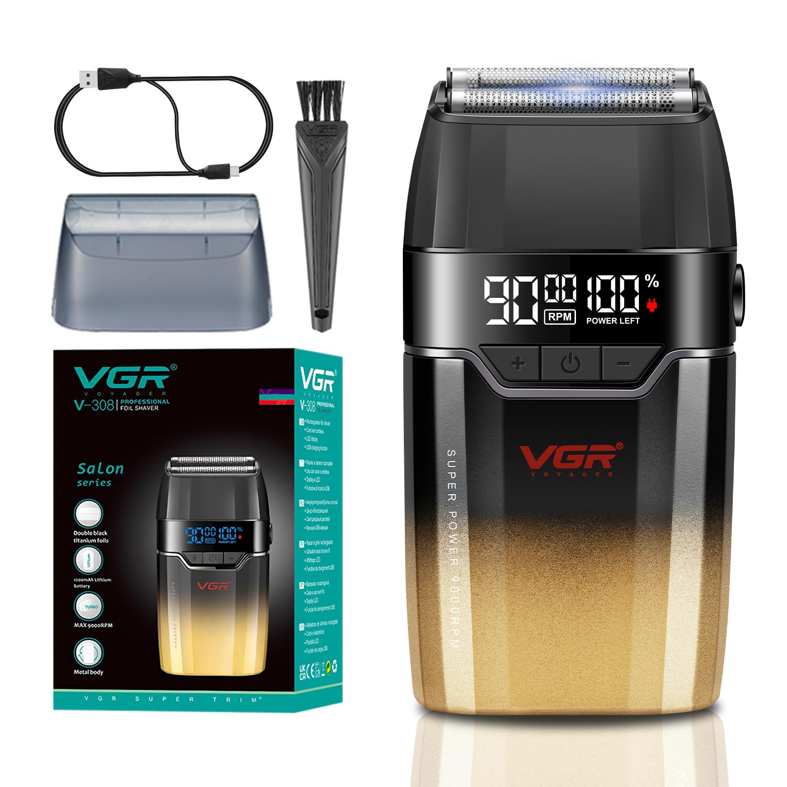 VGR 308 Electric Shavers for Men, Professional Double Foil Shaver 9000RPM Cordless Head Shaver with Titanium Foils, LED Display, USB Rechargeable Men's Electric Razor for Face & Beard, Gold