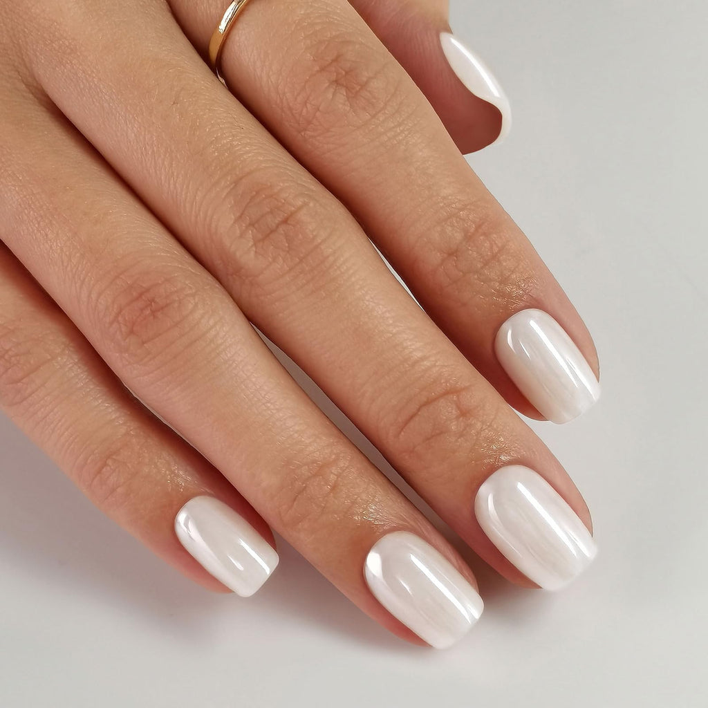White Chrome Press on Nails Short - SHANGMENG Soft Gel Press on Nails Square for Women Gift, Fit Perfectly & Glossy Glue on Nails in 16 Sizes - 32 Reusable Fake Nails with Glue, Pearl White