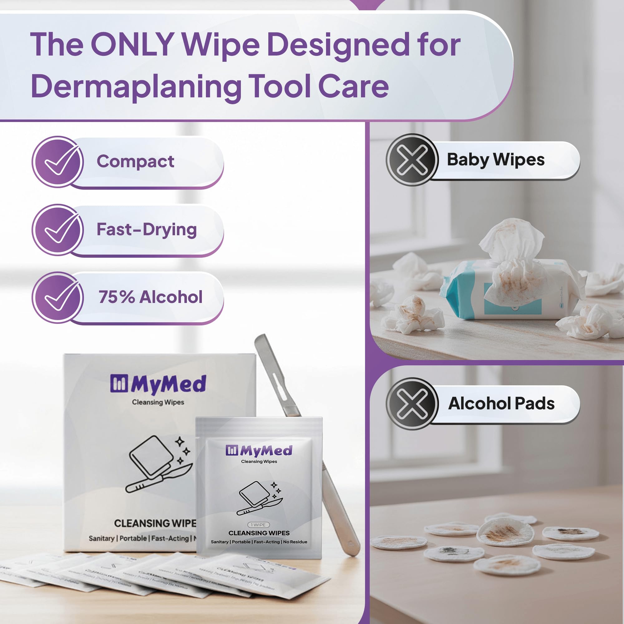 Cleansing Wipes for Women Individually Wrapped for Dermaplaning Blades, Facial Dermaplane Razors & Beauty Tools Derm Pads for Dermaplaning