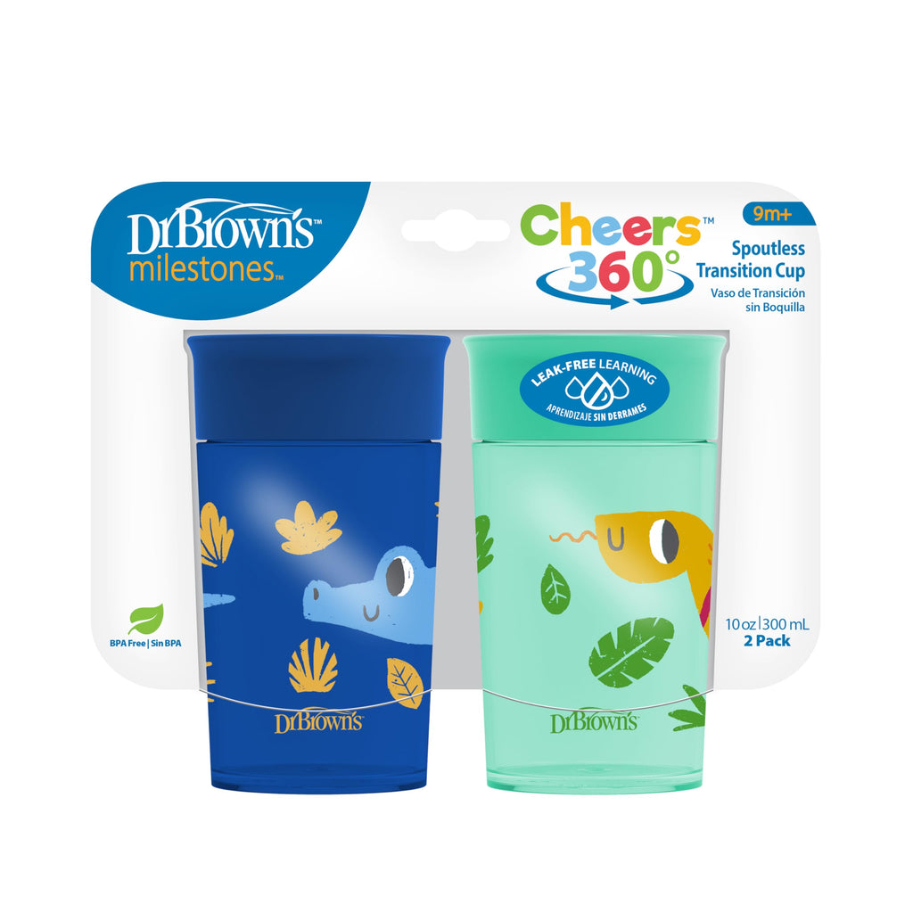 Dr. Brown's Milestones Cheers 360 Spoutless Transition Cup, Travel Friendly and Leak-Free Sippy, Blue/Green Animals, 10 oz/300 mL, BPA-Free, 9m+, 2-Pack
