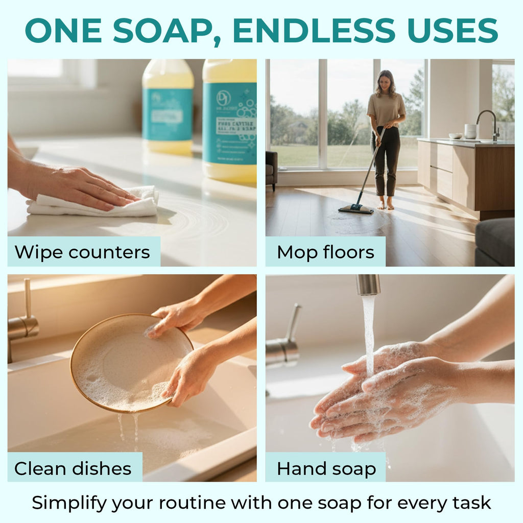 Dr. Jacobs Naturals Pure Castile Soap, 64 oz Value Size - Unscented - Made in USA - All-in-One Plant-Based Multipurpose Cleaner for Floors, Counters, Dishes & Laundry, Gentle on Skin, Biodegradable