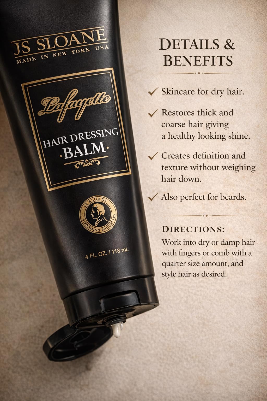 JS Sloane Hair Dressing Balm for Men – Lightweight Styling Cream for Shine & Texture – Restores Dry, Thick & Coarse Hair – Non-Greasy, Medium Hold, Beard Friendly – 4 Fl Oz / 118 mL