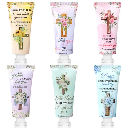 Heigble 6 Pcs Christian Gifts Bulk for Women Valentine's Day Cross Hand Cream Bulk Travel Size Easter Bible Verse Gifts Jesus Religious Scripture Faith Party Favors for Sunday Prayer Church Mothers