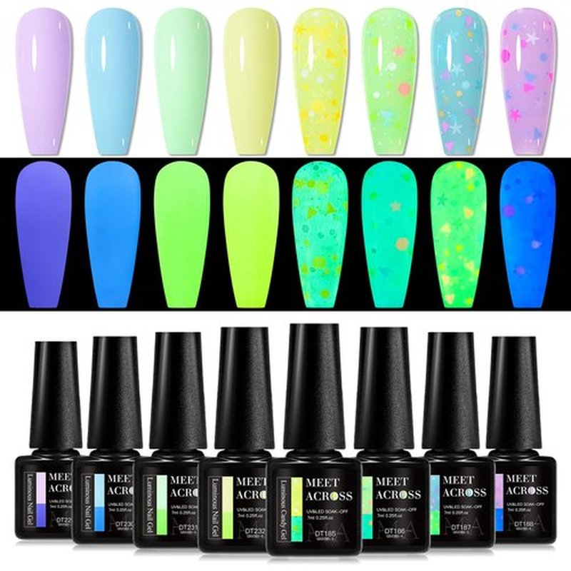 MEET ACROSS 8Pcs Glow in the Dark Gel Nail Polish Set, Macaroon Glows in the Dark Nail Polish Blue Green Yellow Purple Glow Effect Candy Sequins Gel Polish Manicure Holiday Gift