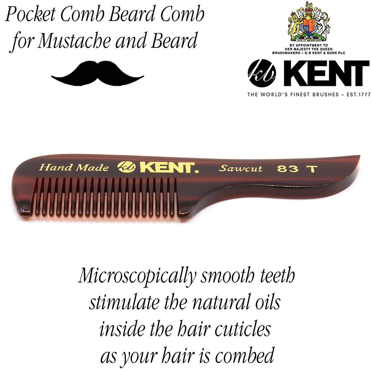 Kent 83T Small Gentleman's Beard and Mustache Pocket Comb, Fine Toothed Pocket Size for Facial Hair Grooming and Styling. Saw-cut of Quality Cellulose Acetate, Hand Polished. Hand-Made in England