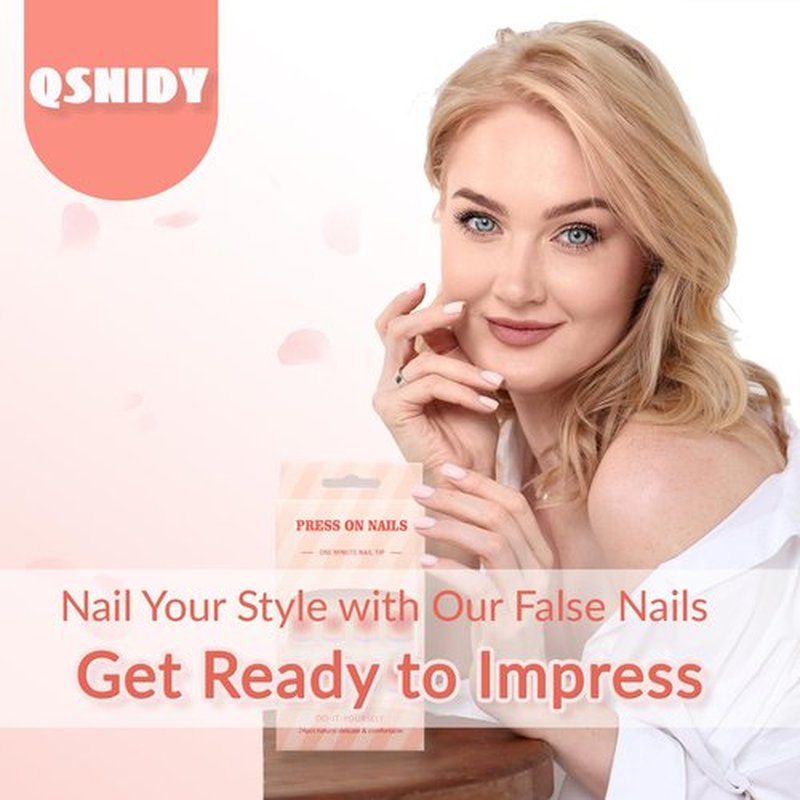 Qsnidy Pearlescent Press on Nails Medium, Glazed White French Fake Nails Coffin Chrome Acrylic Press Ons for Women, Natural Fit Full Cover Glue on Nails in 12 Sizes - 24 Pieces Nail Kit