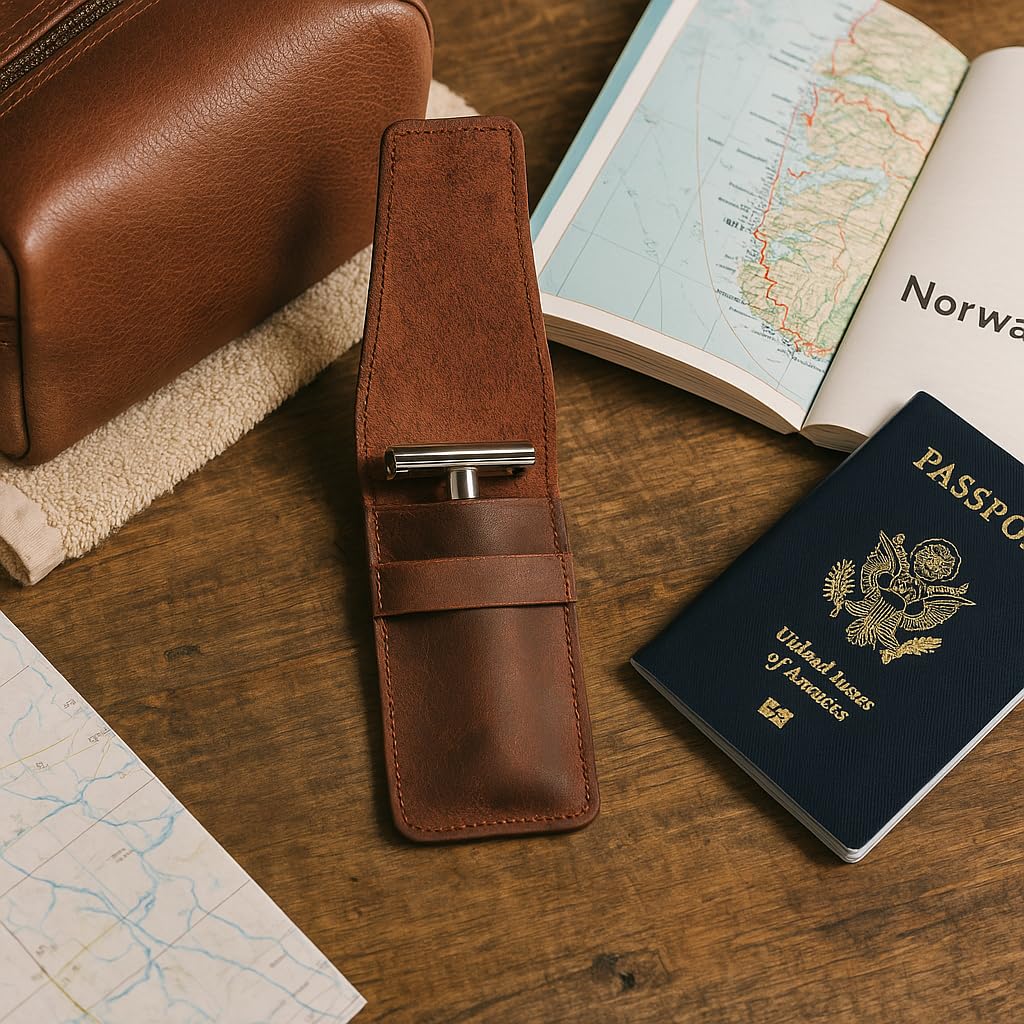 CestAntiQ Leather Safety Razor Case Shaving Accessories Straight Safety Razor Holder for Double Edge Personal Care Essentials Handmade Shaver Case for Travel (Brown)