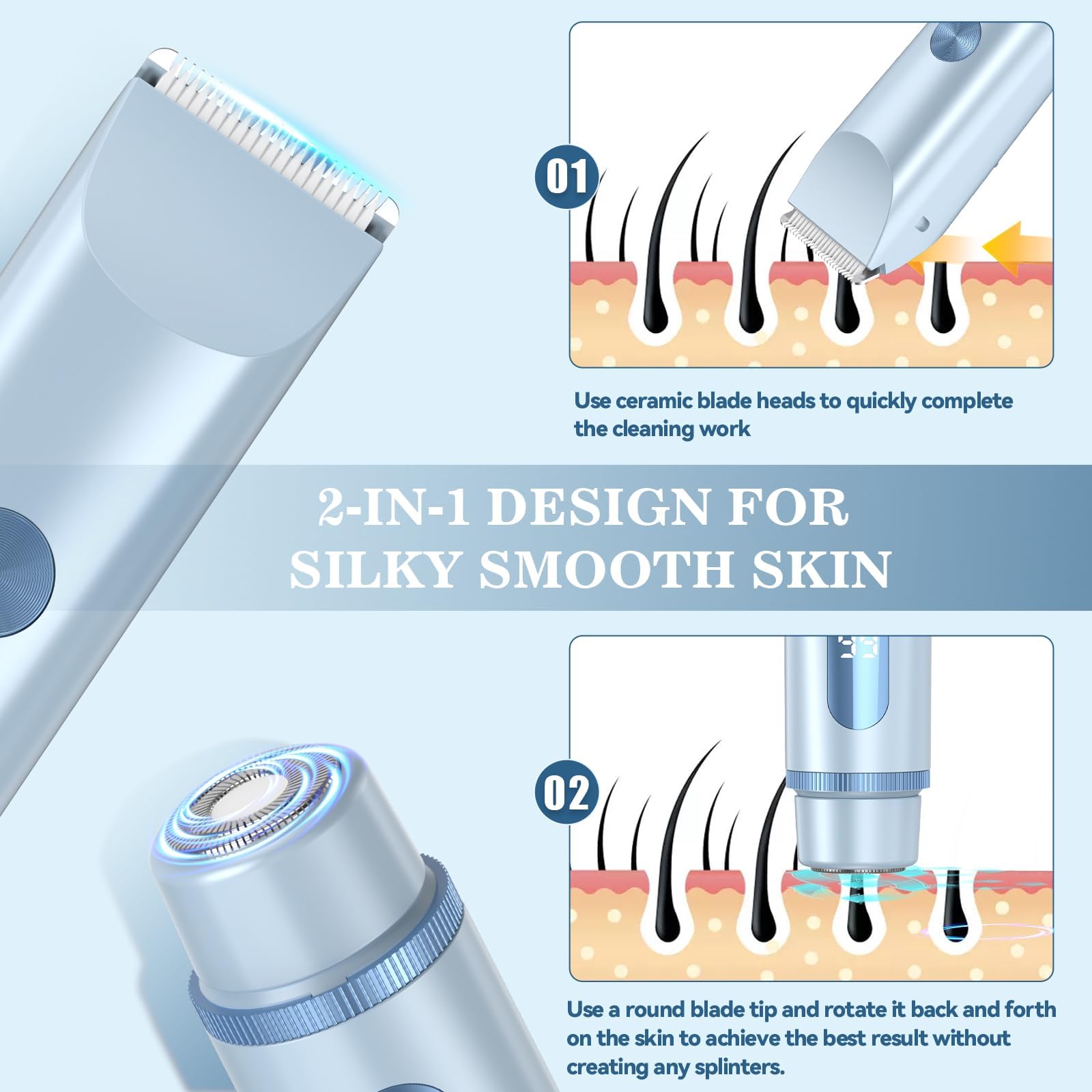 Bikini Trimmer for Women 2in1 High Power Epilators Hair Removal Waterproof Electric Razors Women's Electric Razor Pubic Hair Trimmer Shaver for Women for Ladies Pubic, Face, Underarms, Legs (Blue)