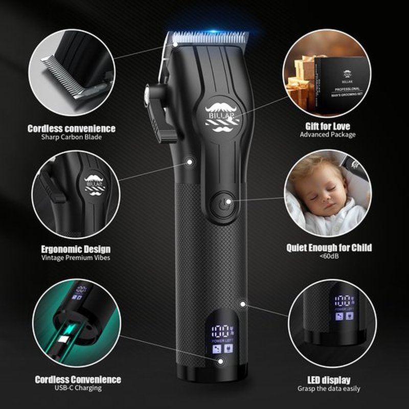 BILLAR® Professional Barber Clippers and Trimmer Set - Foil Shaver Professional Hair Clippers for Men, Mens Cordless Hair Clipper for Barbers Haircut Kit（Black）