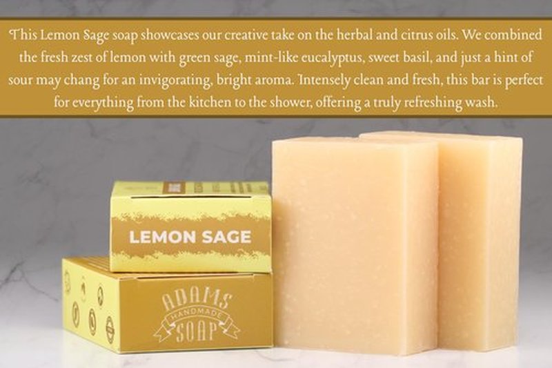 Adams Handmade Soap Lemon Sage Pure Castile Bar Soap – 4.5 oz | Vegan, Cold Process, Essential Oils, 84% Organic, Fair Trade, No Additives, USA Made