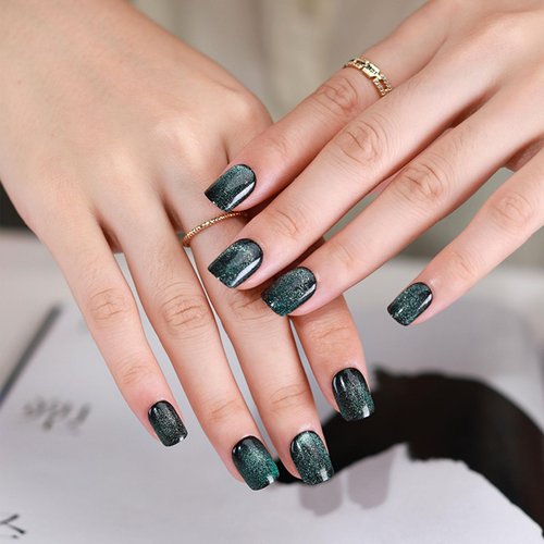 GXOIPNS Green Press on Nails Short Square, Gel Fake Nails with Glue Color Changing Cat Eye Acrylic Nails Glitter Full Cover Glue on Nails UV Finish Reusable Extra Short False Nails for Women 24 Pcs