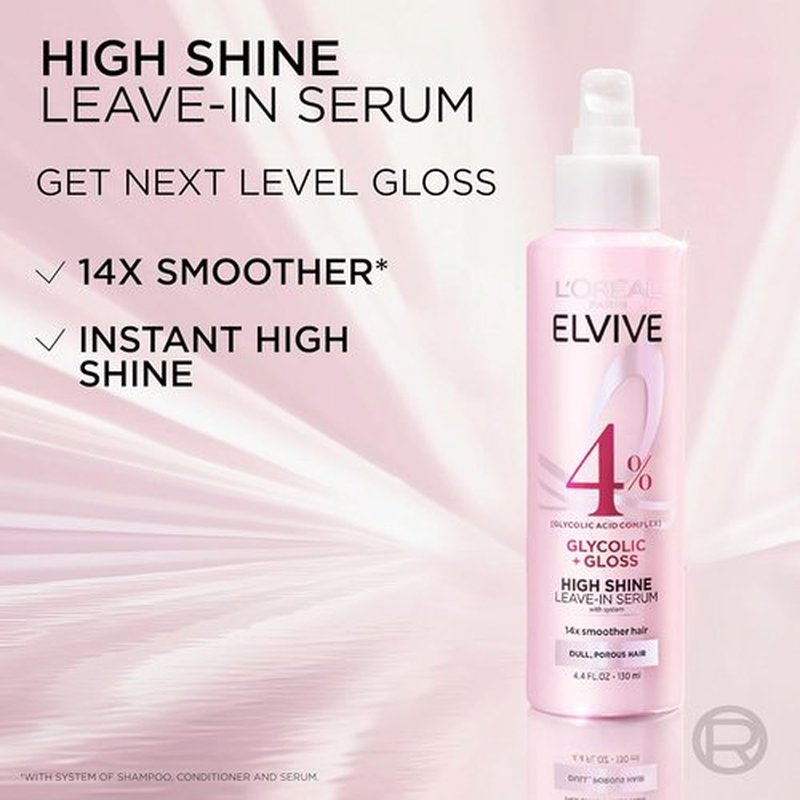 L'Oreal Paris Elvive Glycolic + Gloss Leave-In Hair Serum - Smooths Dull Hair, 4.4 Fl Oz