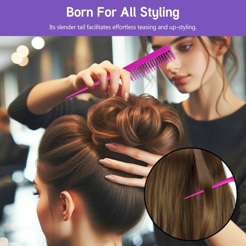Skiennix Professional Teasing Comb Set - 3 Pack for Root Teasing & Volume Boost | 8.15 Inches - Black, Magenta, Purple